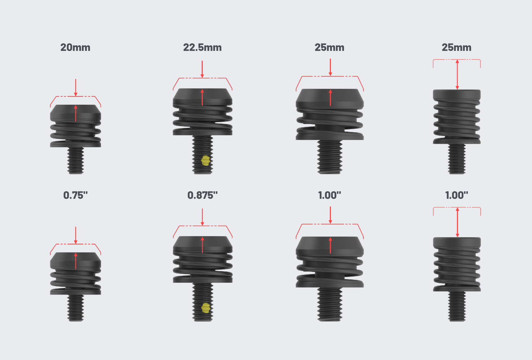 4 different black ejector sizes with sizes labeled