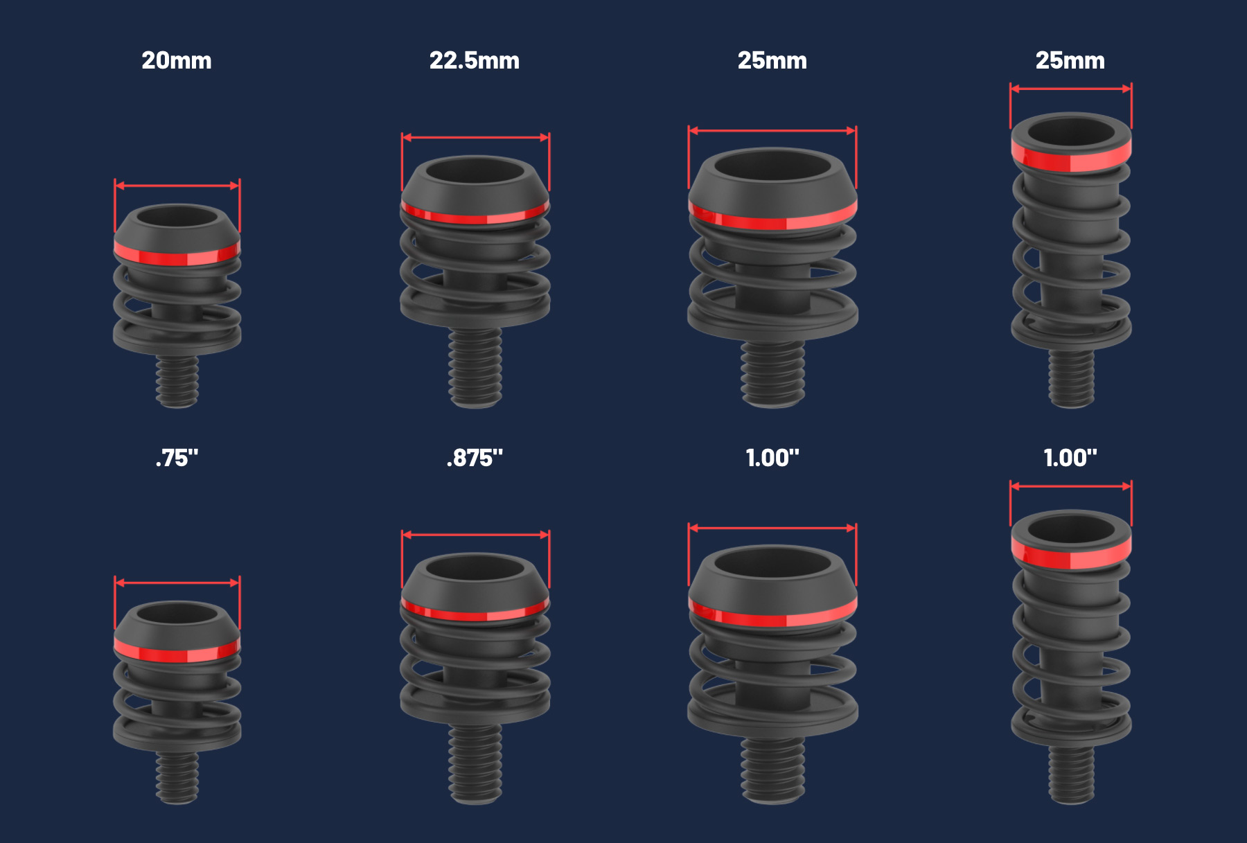 4 different black ejectors labeled by travel sizes