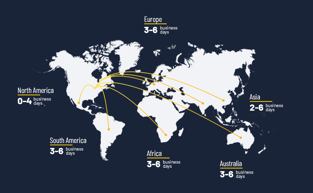 Graphic map showing worldwide delivery times